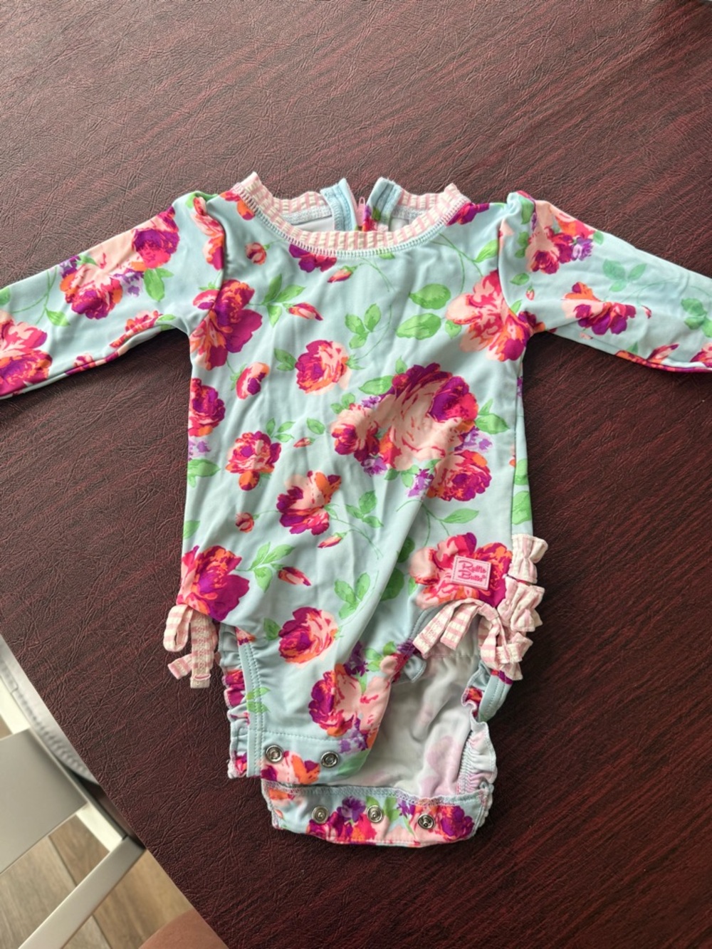 Ruffle Butts Mint Floral Long Sleeve Romper with Pink Stripes